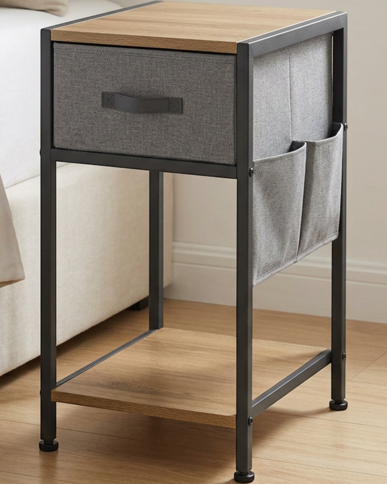 Pjvn Fabric Drawer Side Sling Bedside Table Charcoal - Lifestyle view